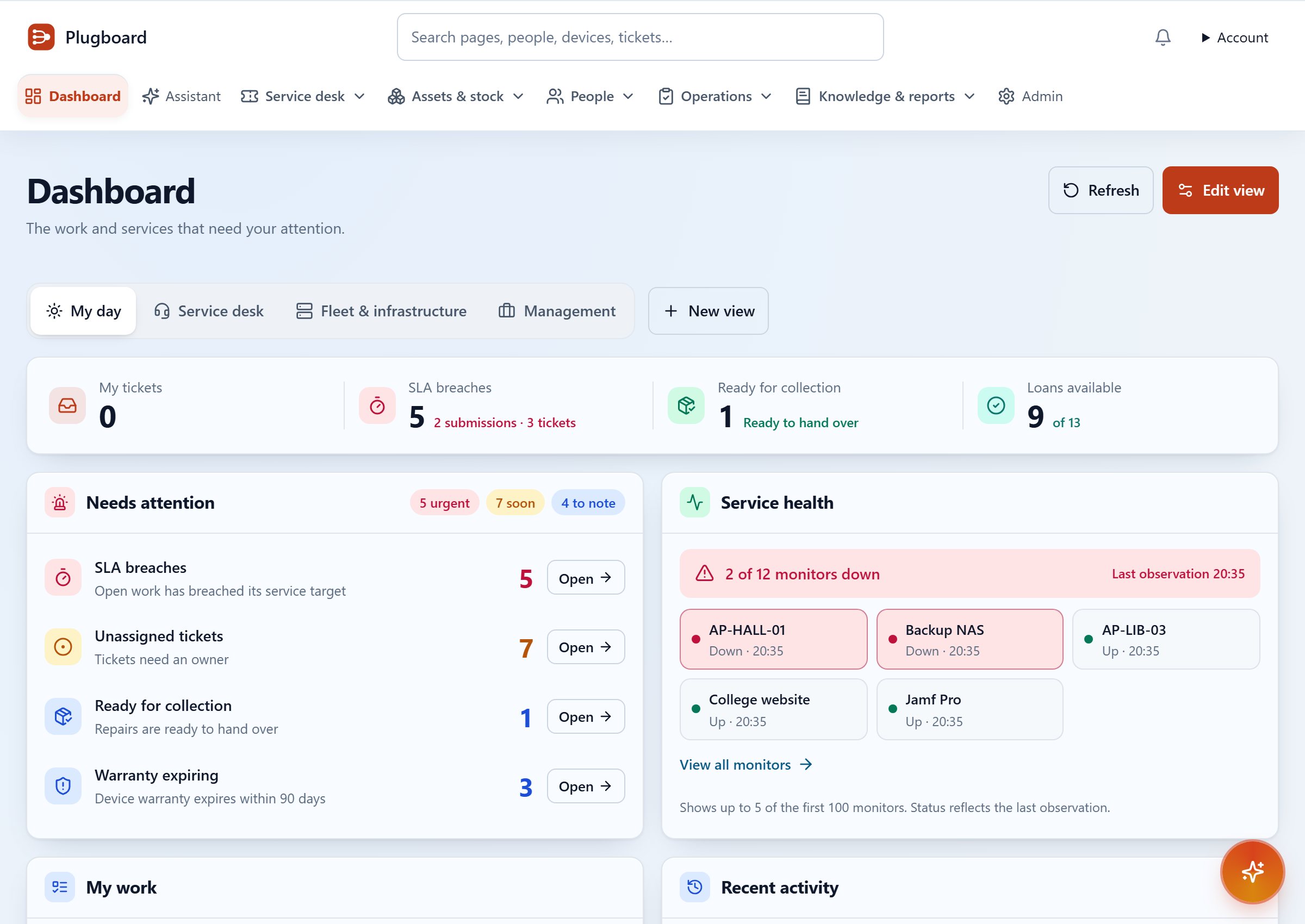 The Plugboard dashboard on its My day view: my tickets, SLA breaches, repairs ready for collection and loans available, a Needs attention list coloured by urgency, and Service health with a one-line verdict above a tile for each service, marked up or down.